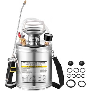 1 Gallon Stainless Steel Sprayer, 12" Wand & 3FT Reinforced Hose, Hand Pump Sprayer with Pressure Gauge, Safety Valve & Adjustable Nozzle, Silver - 1 of 4