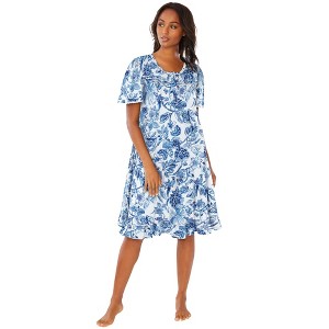 Dreams & Co. Plus Size Short Floral Print Cotton Gown - 1 of 4