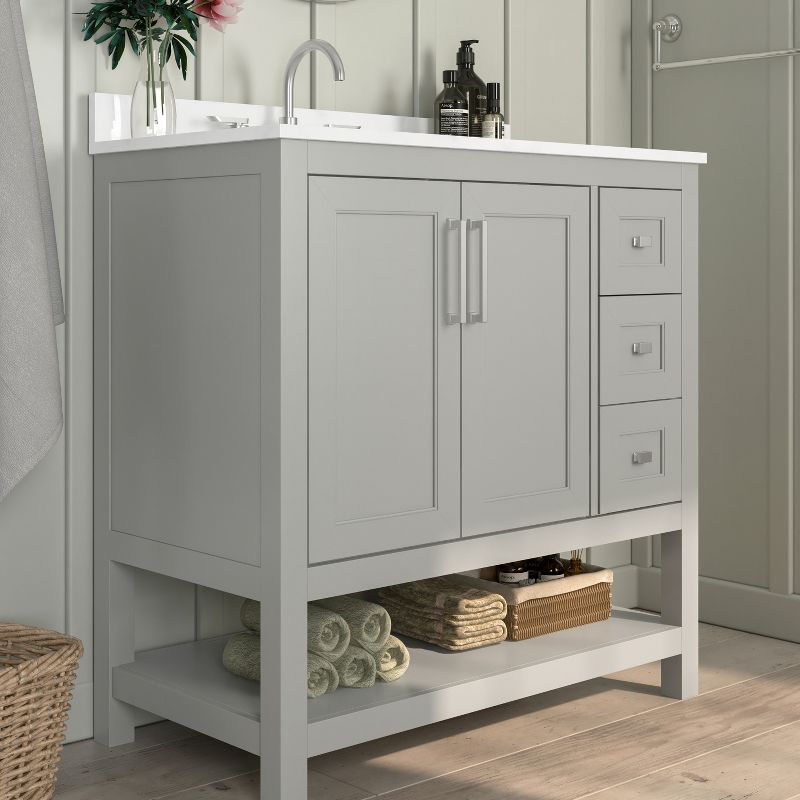 Emma and Oliver Bathroom Vanity, Single Sink Cabinet with 2 Soft Close Doors, Open Shelf and 3 Drawers, Carrara Marble Finish Countertop, 5 of 13