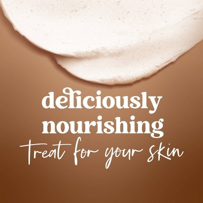 "Deliciously nourishing. Treat for your skin." The background is a warm brown shade, featuring a creamy, textured skincare product at the top. The text is in white, with "deliciously nourishing" in bold and "Treat for your skin" in a handwritten font.