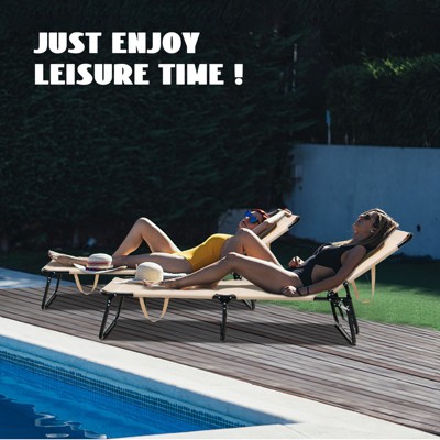 Beige Adjustable Folding Outdoor Chaise Lounge Chair with Cushion