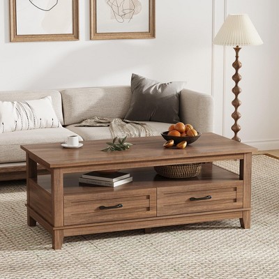 Farmhouse Coffee Table, Rectangle for Living Room, Center Table with 2 Drawers, Open Storage Shelf