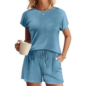Ekouaer Pajamas Set for Women 2 Piece Pjs Ribbed Knit Lounge Set Cap Sleeve Loungewear Sleepwear - 1 of 4