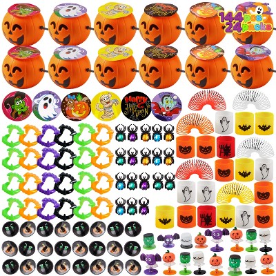 Joyfy 144 PCS Halloween Party Favors Gift for Kid,  24 Pack Mini Pumpkin Buckets with Spider Ring, Popper, Spring, Vampire Teeth and Spinning Top