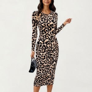 Anna-Kaci Women's Long Sleeve Leopard Print Bodycon Midi Dress with Crew Neck and Stretch Fit - 1 of 4