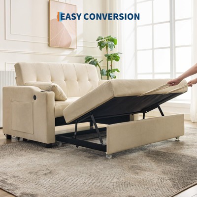 homfan 3-in-1 Convertible Sofa Bed with Pull-Out Sleeper & USB, Futon Couch for Small Spaces, Living Room, RV - Lounge Recliner
