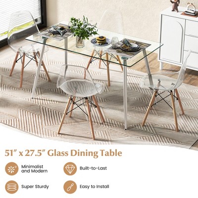 Modern Clear Glass Rectangular Dining Table with Silver Metal Legs