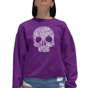 LA Pop Art Women's Word Art Crewneck Sweatshirt - Flower Skull - 1 of 4