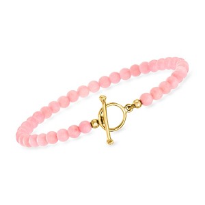 Ross-Simons 3.5-4mm Pink Coral Bead Charm-Compatible Toggle Bracelet in 18kt Gold Over Sterling. 8 inches - 1 of 4