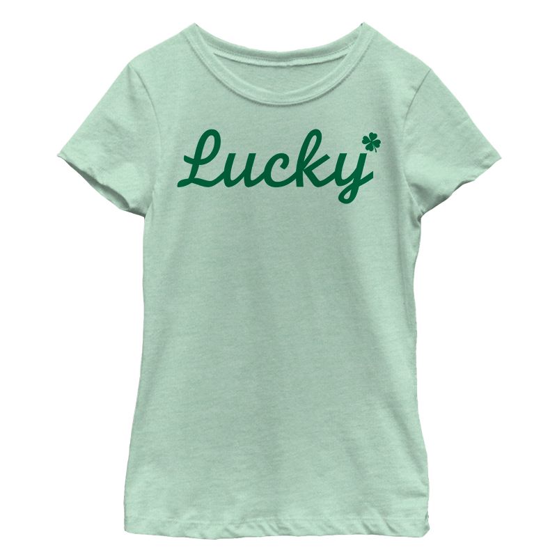 Girl's Lost Gods St. Patrick's Day Lucky Cursive With 4 Leaf Clover T-Shirt, 1 of 4