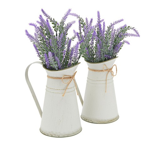Farmlyn Creek Set of 2 Artificial Lavender Flowers in Milk Jug Vase, Rustic Decorative Vase for Farmhouse Decor (15 in)