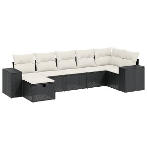 vidaXL 7 Piece Patio Sofa Set with Cushions Black and Cream Poly Rattan - without storage - 1 of 4