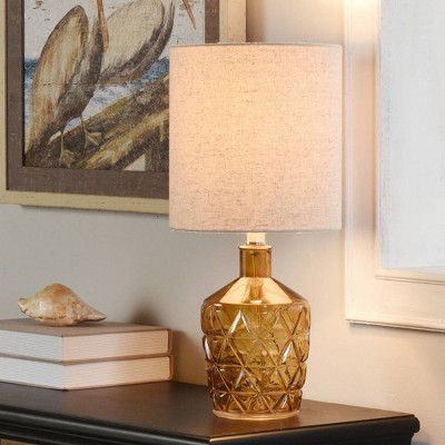 Amber Faceted Glass Table Lamp with Beige Drum Shade