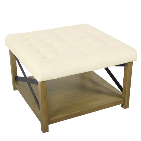Tufted Ottoman With Wooden Storage, Homepop Faux Leather Square Storage Ottoman Coffee Table With Wood Legs