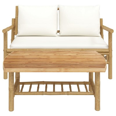 Cream White Bamboo 2-Piece Patio Lounge Set with Cushions