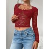 Women's Sheer Floral Lace Long Sleeve Crop Top - Sweetheart Neckline with Bow Accent - 2 of 4