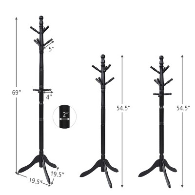 Adjustable Black Rubber Wood Coat Rack with 9 Hooks