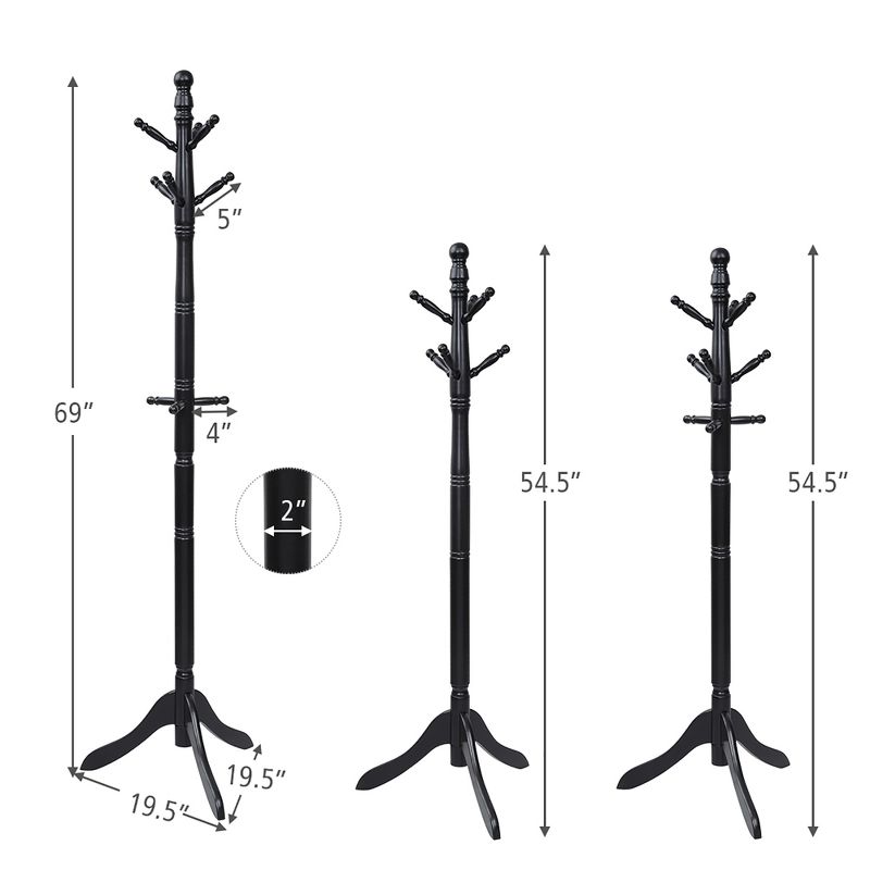 Costway Coat Rack Wooden Hall Tree 2 Adjustable Height w/ 9 Hooks Walnut\Black\ Grey, 3 of 9