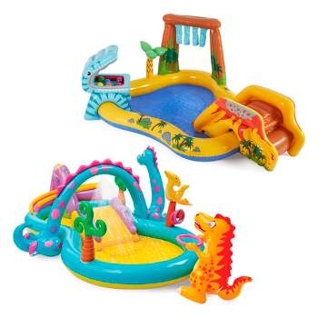 Intex Dinoland Play Center Kiddie Inflatable Pool and Dinosaur Water Splash Swimming Pool with Water Sprayers, Waterfalls, Slides, and Games
