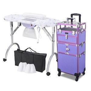 Byootique Folding Manicure Nail Table 2in1 Rolling Makeup Train Case Kit Manicure Cosmetic Trolley Travel Organizer Nail Case, Pink/Purple/ - 1 of 4
