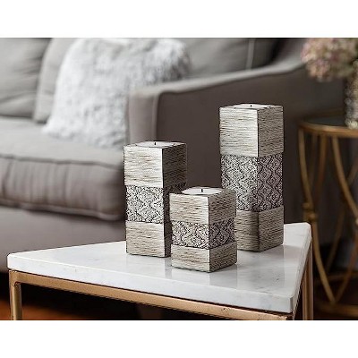Silver Geometric Patterned Tealight Candle Holder Set
