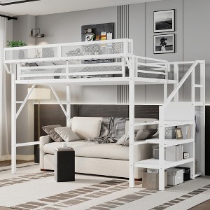 KWPZQEB Loft Bed with Storage Stairs, Heavy Duty Metal Loft Bed Frame with Built-in Storage Shelves & Wardrobe for Teens, Easy Assembly - 1 of 4