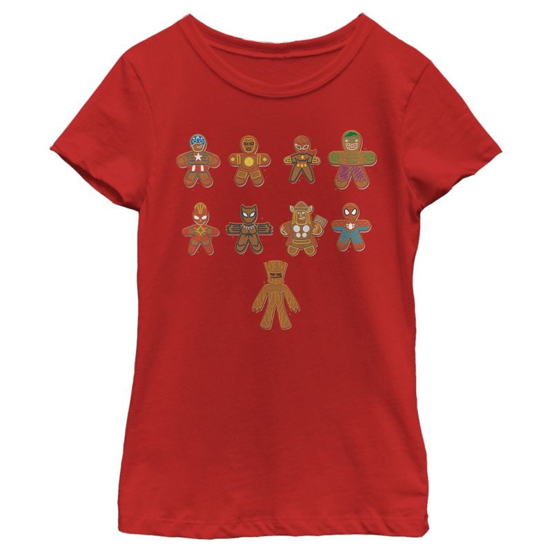 Girl's Marvel Christmas Gingerbread Cookie Avengers T-Shirt, 1 of 5