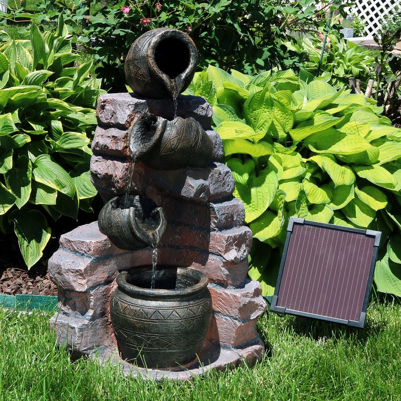 Sunnydaze Outdoor Polyresin Crumbling Bricks and Pots Solar Cascading Water Fountain with LED Lights and Battery Backup - 27", 3 of 12