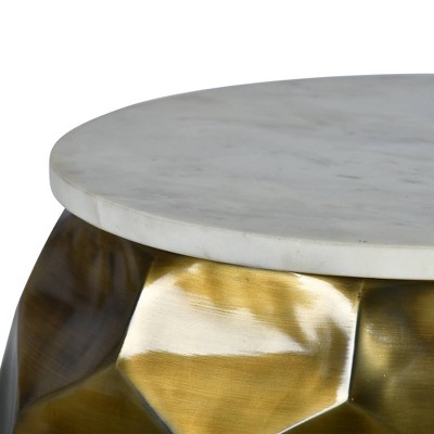 Brass and White Marble Round End Table with Textured Base