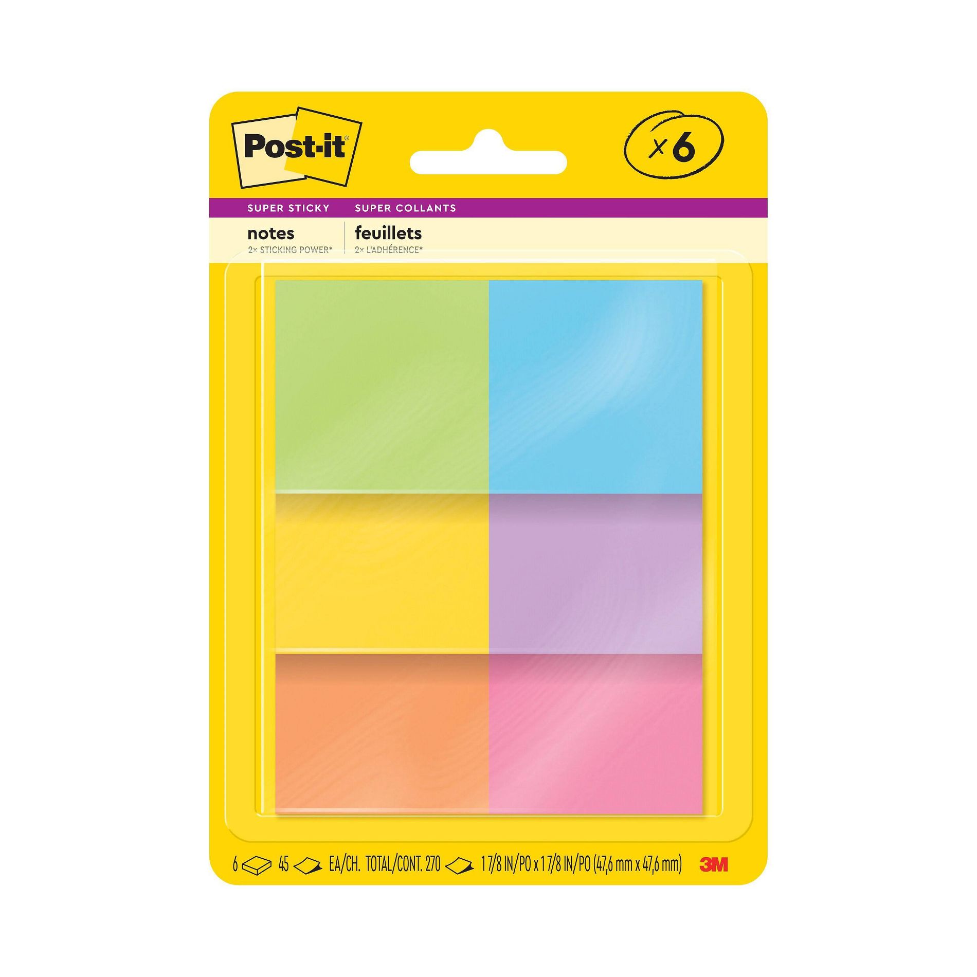 Post-it® Super Sticky Notes, 1 7/8 in. x 1 7/8 in., Energy Boost Collection, 6 Pads/Pack, 45 Sheets/Pad: Multicolor, Uncoated Paper