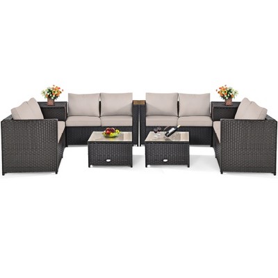 Tangkula 8PCS Cushioned Rattan Patio Conversation Set w/ Coffee Table Side Table
