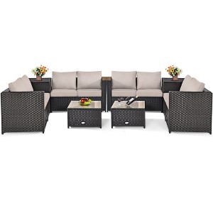 Tangkula 8PCS Cushioned Rattan Patio Conversation Set w/ Coffee Table Side Table - 1 of 4