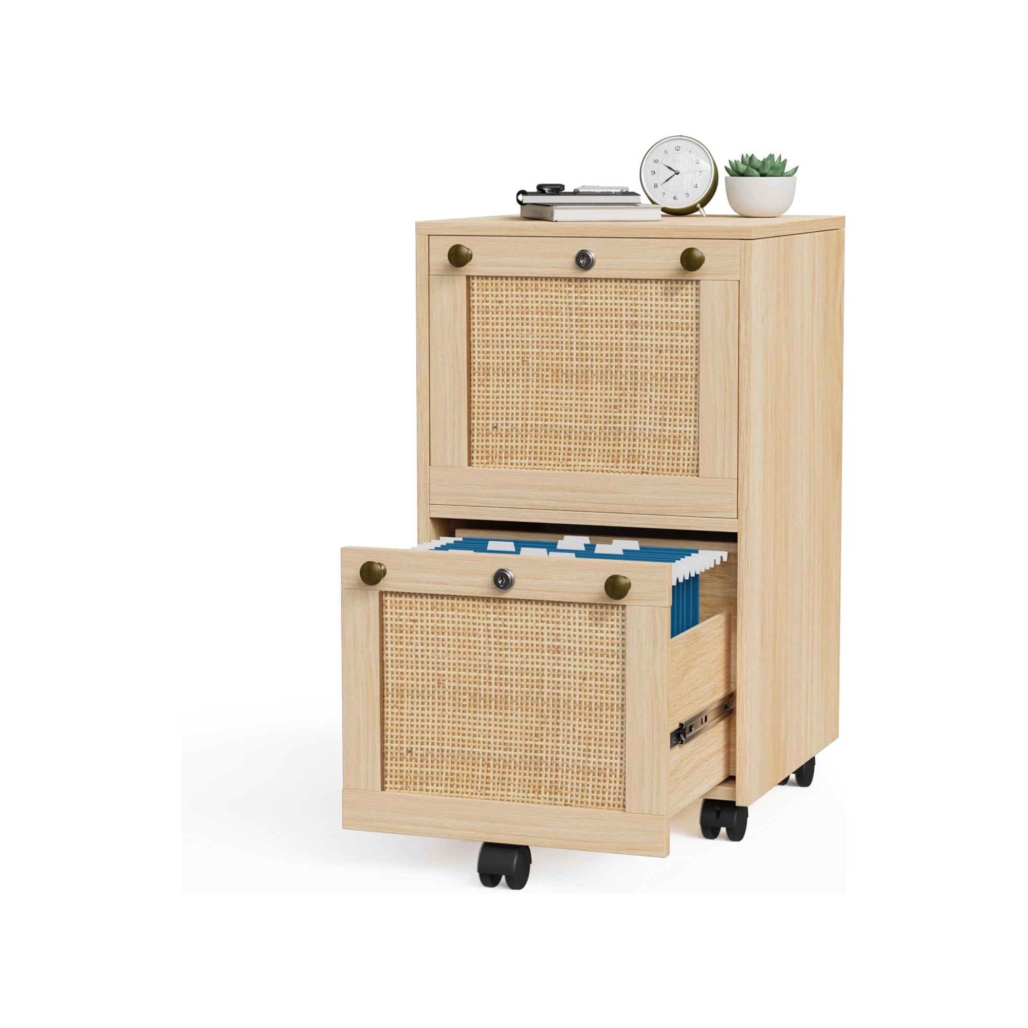VINGLI 2 Drawer File Cabinet with Lock, Rolling File Cabinets for Home Office, Wood Rattan Oak File Organizer, Under Desk Filing Cabinet on Wheels