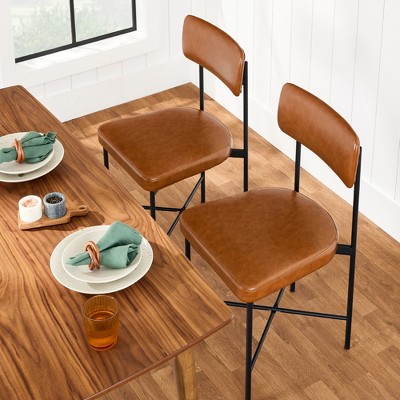 Camel Brown Faux Leather Metal Frame Dining Side Chair Set