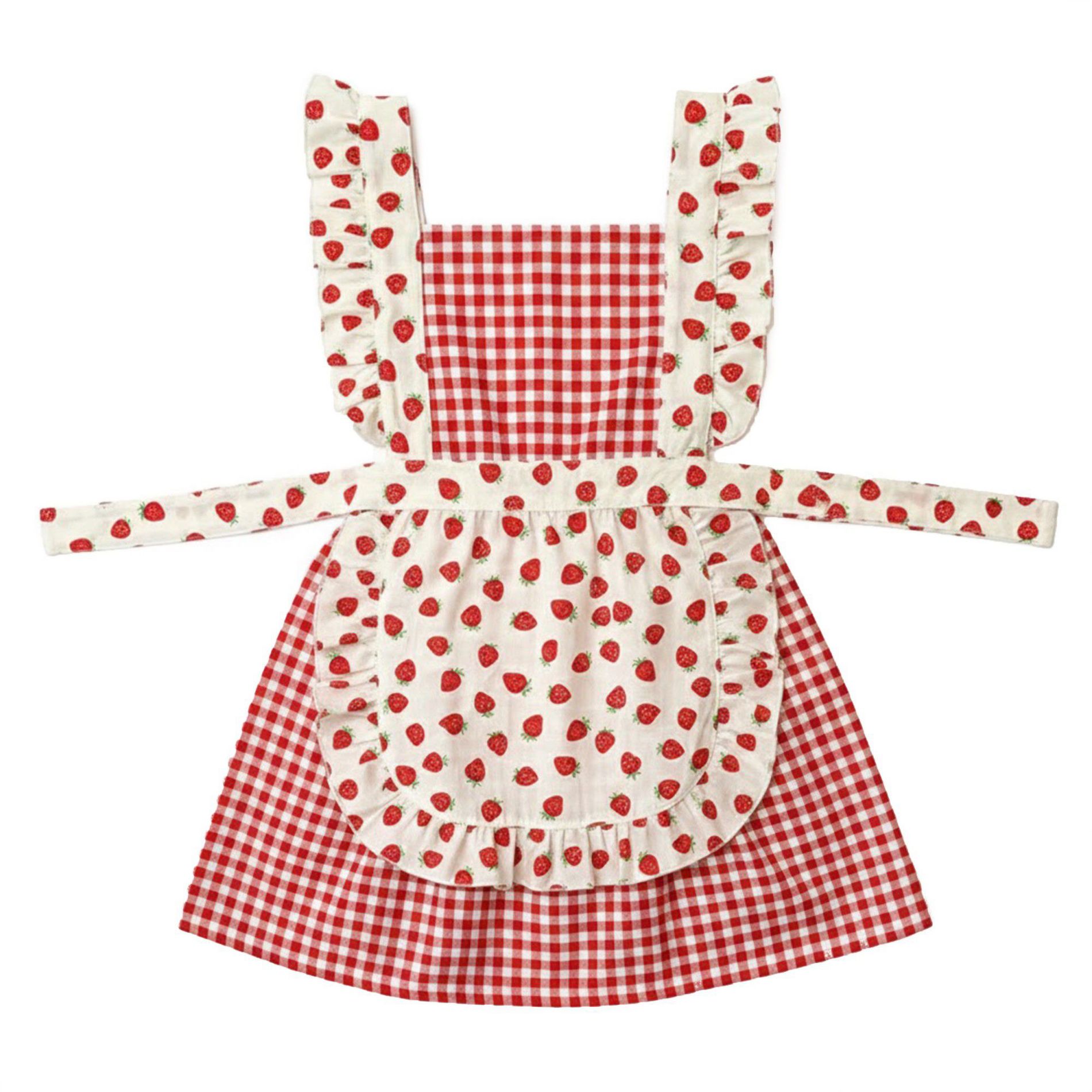 Alilang Strawberry Print Gingham Kitchen Apron with Ruffle Strap Bib Design Front Pocket and Adjustable Waist Ties - Pink