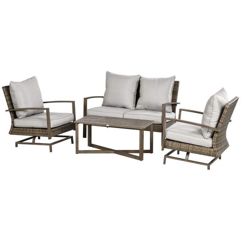 Outsunny Patio Furniture Set, 4 Piece Outdoor Rattan Conversation Set with 2 Rocking Chairs, Cushions, Loveseat Sofa & Coffee Table, 5 of 9