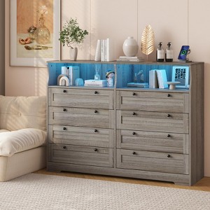 Dresser for Bedroom Deep Drawers, 55 Inch Tall Wooden Bedroom Dressers with Power Outlet and Led Lights - 1 of 4