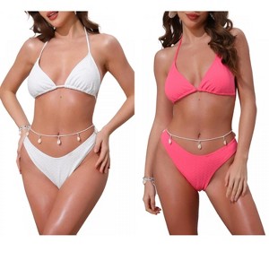 INSPIRE CHIC Women's Waffle Knit Halter Top Triangle Bottom with Seashell Waist Rope Bikini Suits 2 Sets - 1 of 4