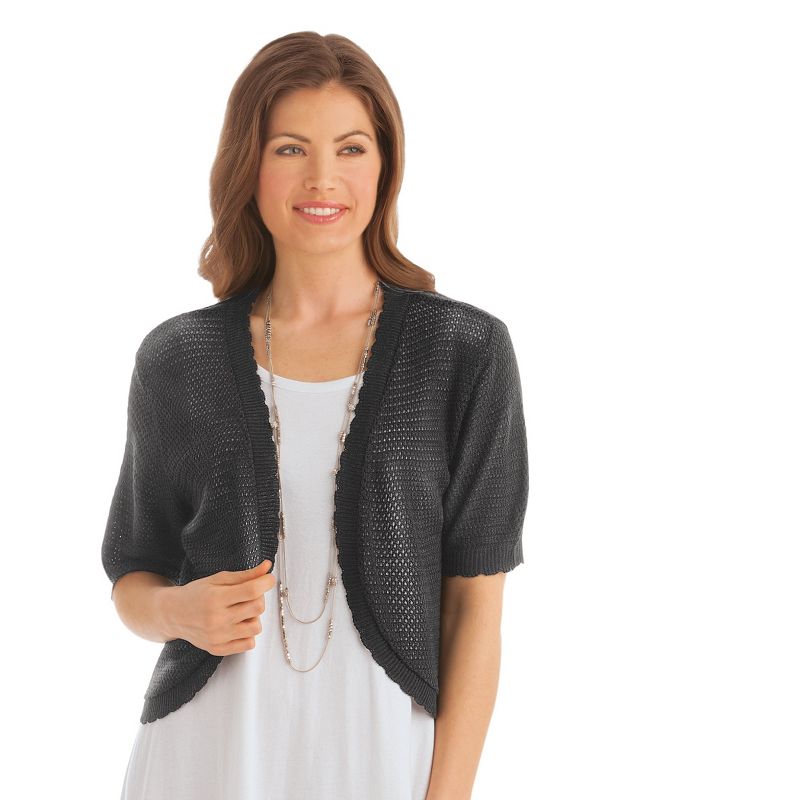 Collections Etc Open-Front Stitched Short Sleeve Shrug, Lightweight Layer Piece with Scalloped Trim, 2 of 4