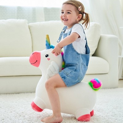 iPlay, iLearn Bouncy Pals Unicorn Horses, Toddler Girl Bouncing Animal Hopper, Inflatable Plush Hopping Toy, Outdoor Indoor Ride on Bouncer, Baby First Birthday Gift 18 Month 2 3 4 Year Old Kid