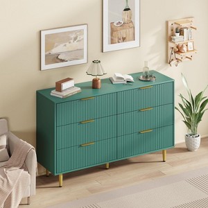 56" Wide Fluted Dresser for Bedroom with 6 Drawers,Wooden Chest of Drawers with Metal Handle & Feet - 1 of 4