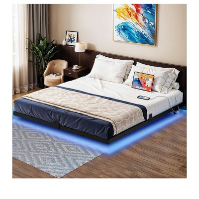 Queen Size Floating LED Bed Frame Metal Platform Steel Slats with Charging Station For Bedroom