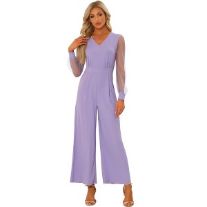 Allegra K Women's Elegant V Neck Mesh Long Sleeve Loose Wide Leg Party Jumpsuits - 1 of 4