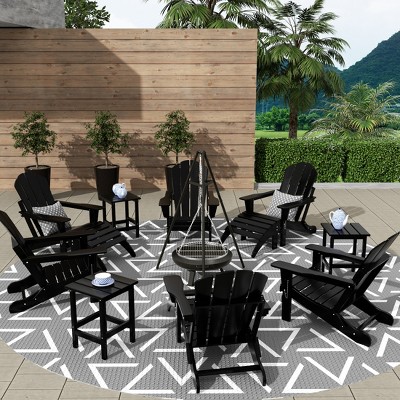 Malibu Black HDPE 12-Piece Outdoor Adirondack Chair Set with Ottoman and Side Table