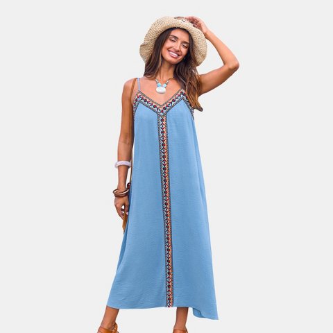 Женские платья Cupshe Women's Boho Chic Embroidered Straight Maxi Dress-XL-Blue
