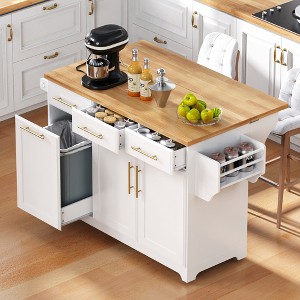 KTMBDW 59.3" Kitchen Island with Storage 2 Pull Out Cabinet Organizers&Rubber Wood Drop Leaf,Rolling Kitchen Island with Trash Can Storage for Kitchen - 1 of 4