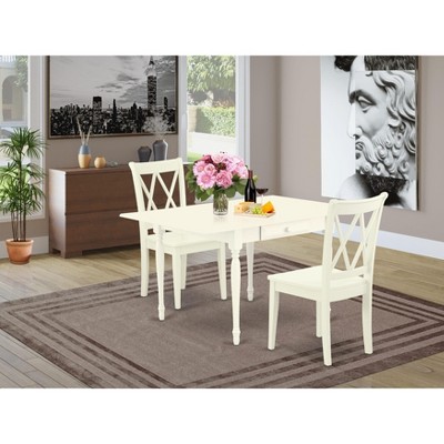East West Furniture 3 Pc Kitchen Table set - Robust Two 9-Inch Drop Down Leaves Solid Wood Dinette Table & 2 Wooden Seat Dining Chairs,  White