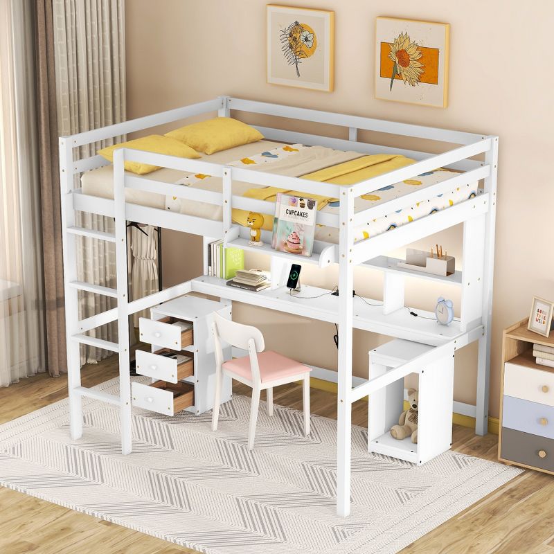 Loft Bed with Multi-Function Storage Table, LED Lights, Bedside Tray and Charging Station, White - ModernLuxe, 3 of 13