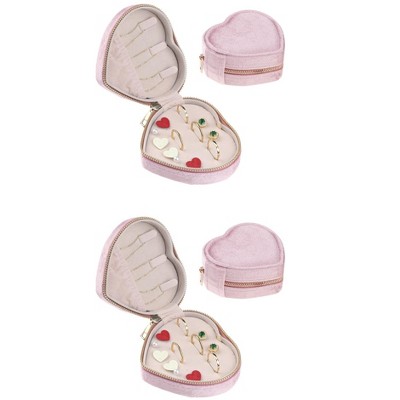 Unique Bargains Travel Small Portable Heart-Shaped Plush Velvet Jewelry Box 2 Pcs