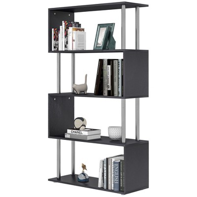 Vynxaria Modern S-Shaped 5-Tier Room Dividing Bookcase Wooden Storage Stand, Open-Back, Alternating Ends, Black